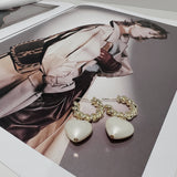 Gold Croissant Hoop Pearl Heart Earrings
