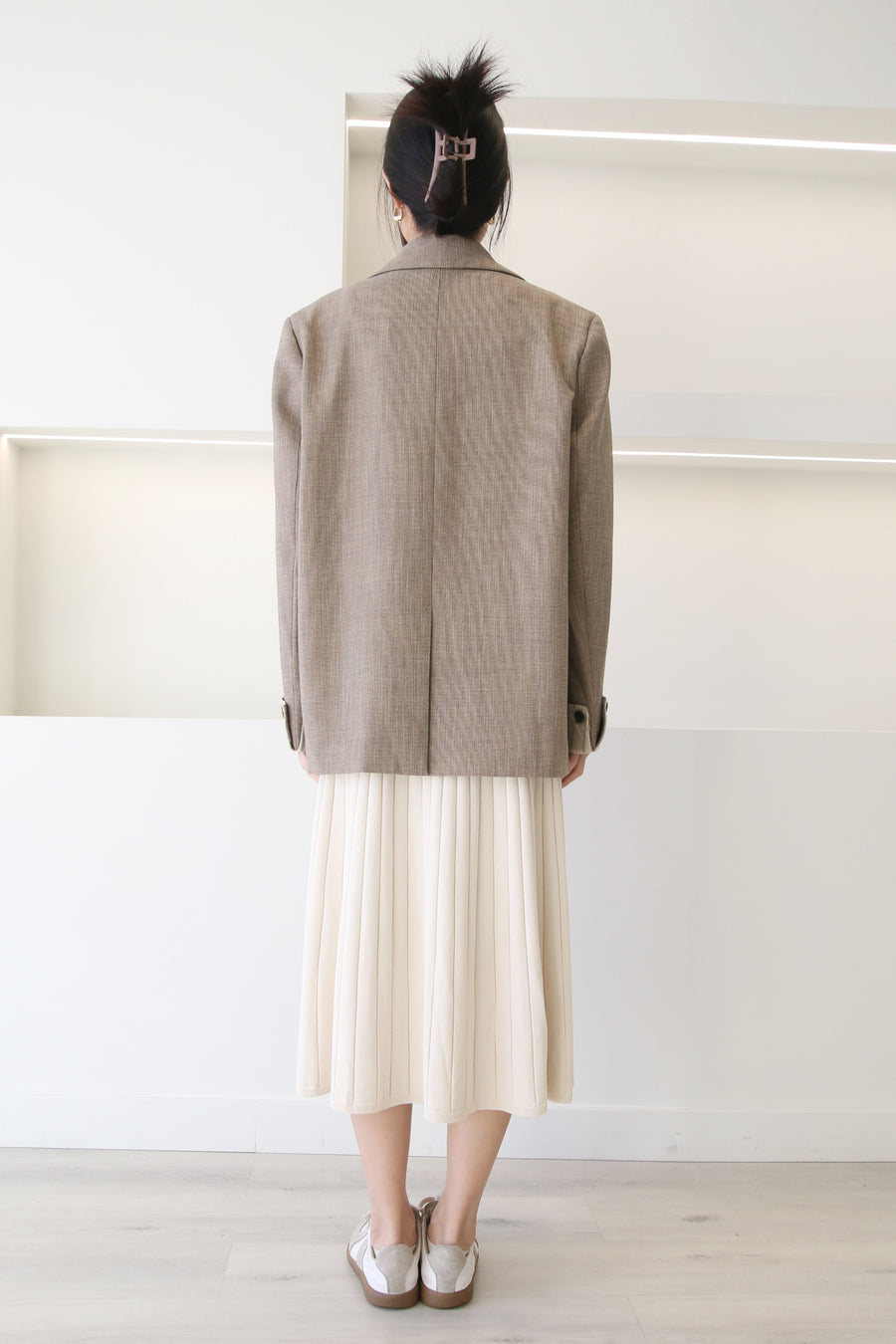 Ribbed Pleated Knit Midi Skirt Beige