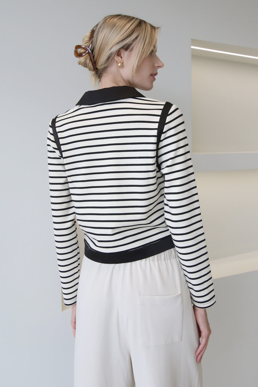 Collared Black Contrast With White Stripe Cardigan
