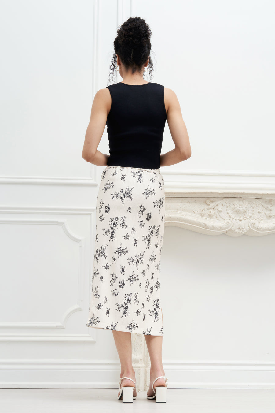 Mini Floral Side Slit Midi Skirt Off White