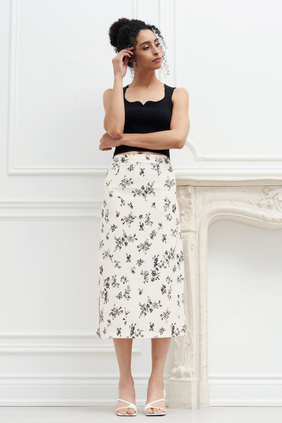 Mini Floral Side Slit Midi Skirt Off White