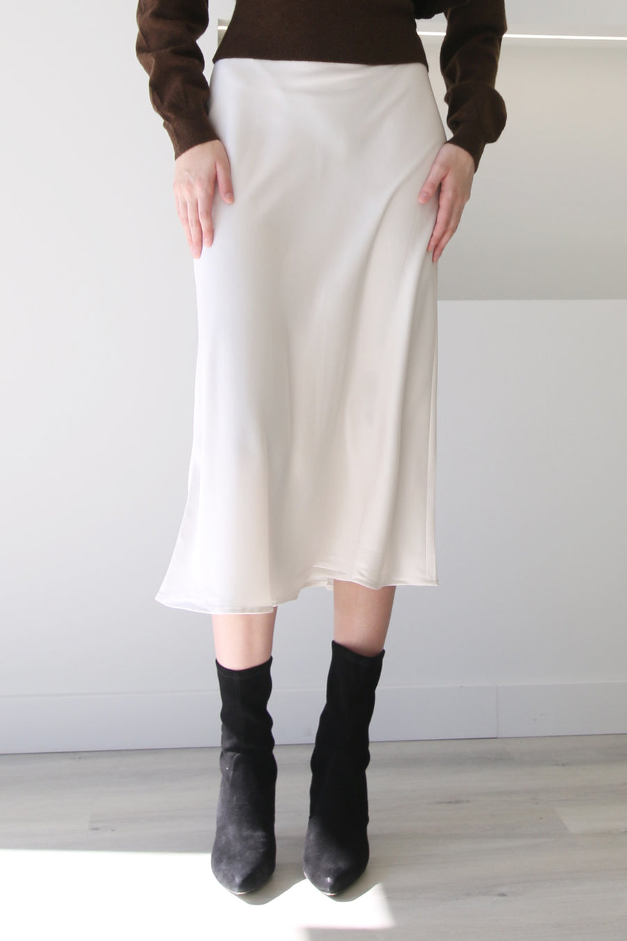 High Waist A-Line Midi Satin Skirt Ivory