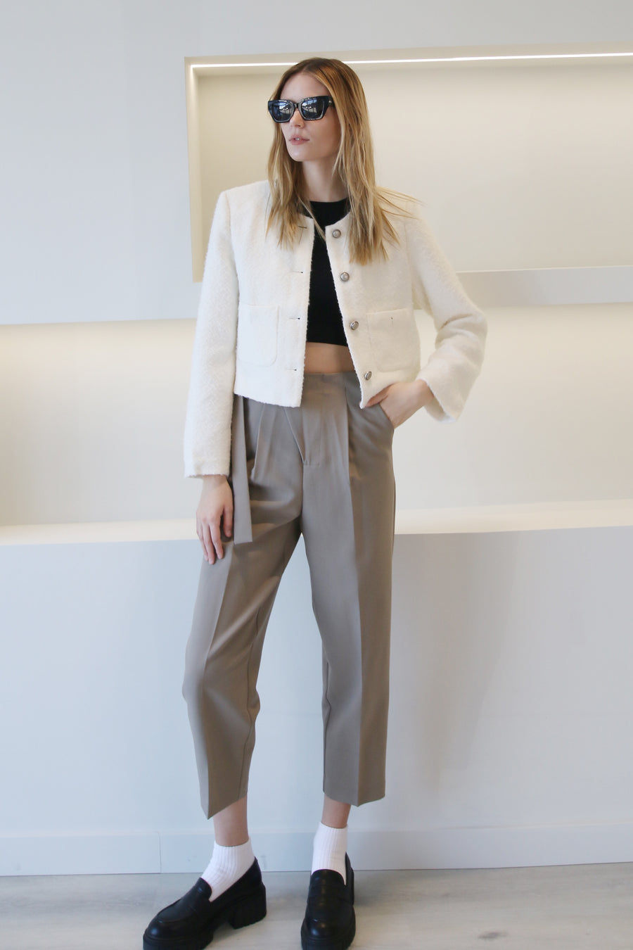 High Waisted Carrot Cropped Trousers Khaki
