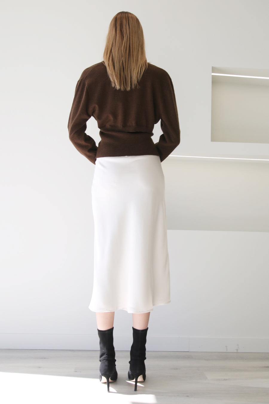 High Waist A-Line Midi Satin Skirt Ivory