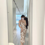 White Brown Rose Print Slip Midi Dress