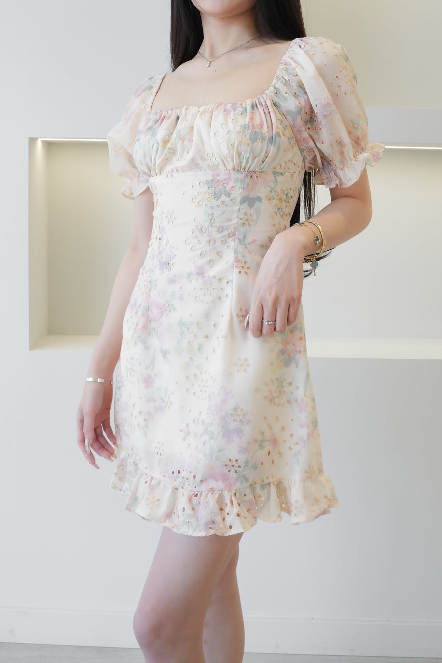 Peach Floral Eyelet Mini Dress