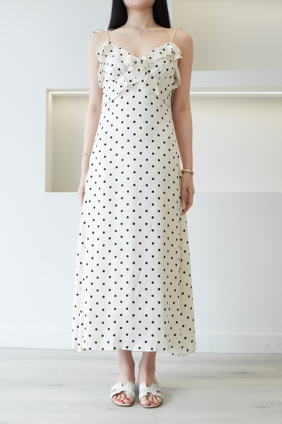 Polka Dot Ruffle Midi Dress White