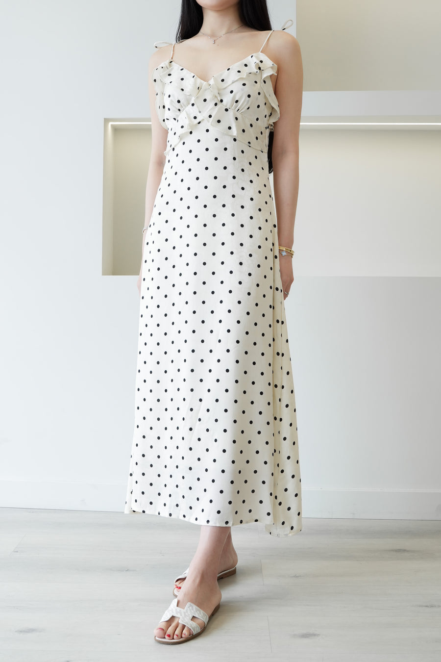 Polka Dot Ruffle Midi Dress White