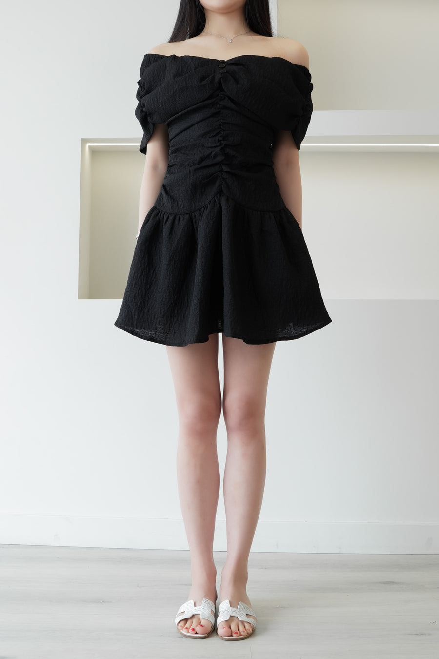 Off Shoulder Box Mini Dress Black