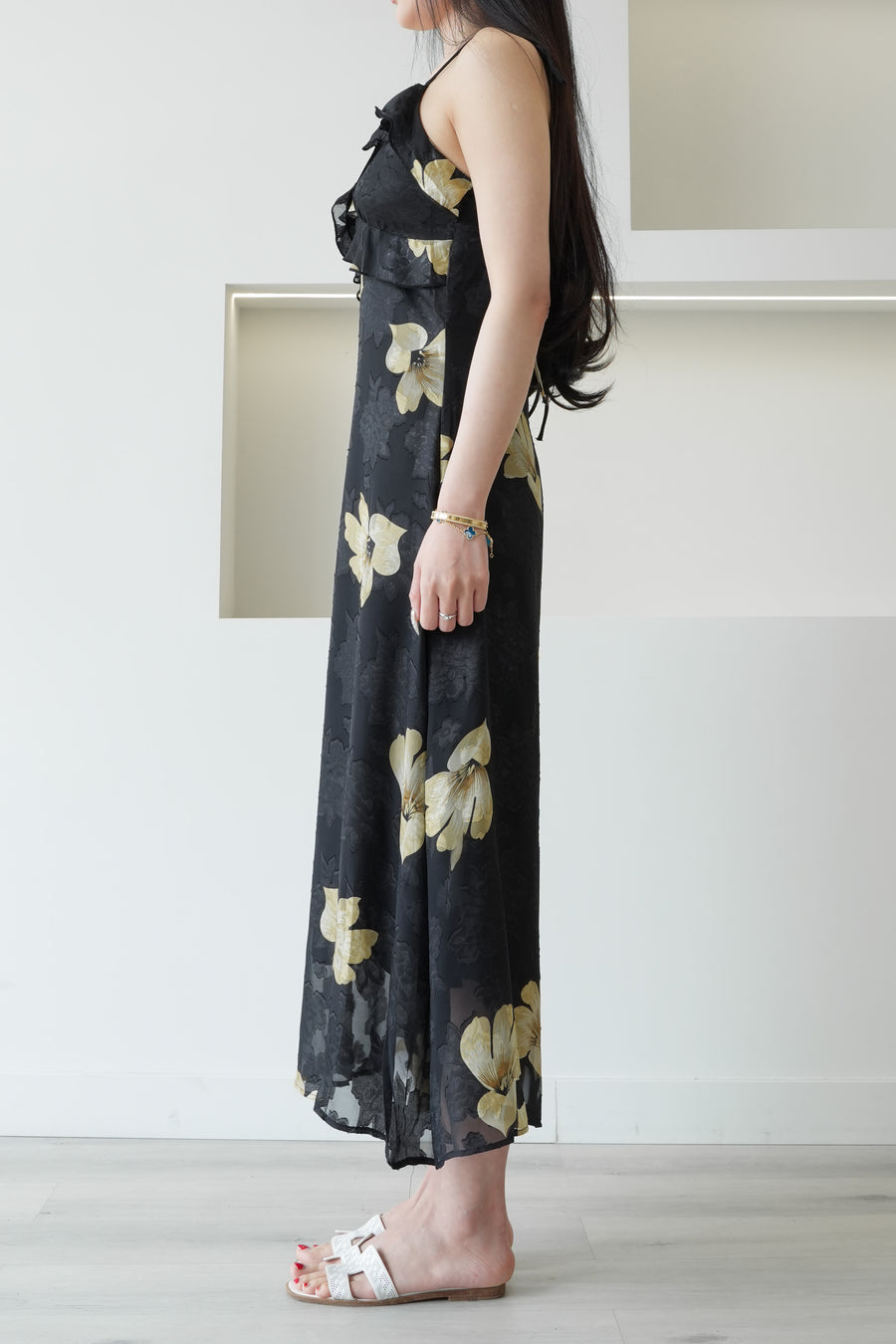 Floral Print Ruffle Midi Dress Black