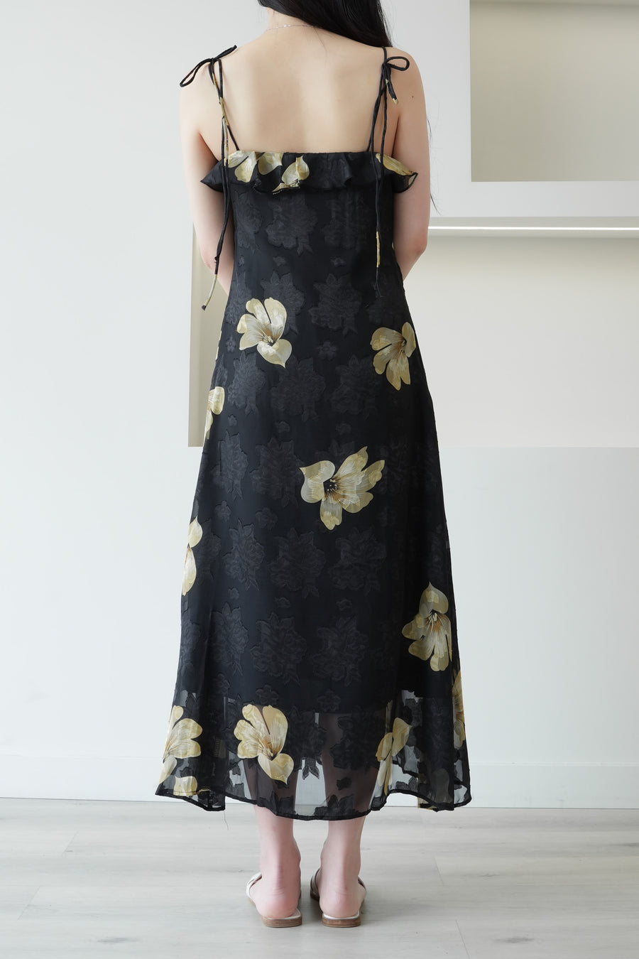 Floral Print Ruffle Midi Dress Black