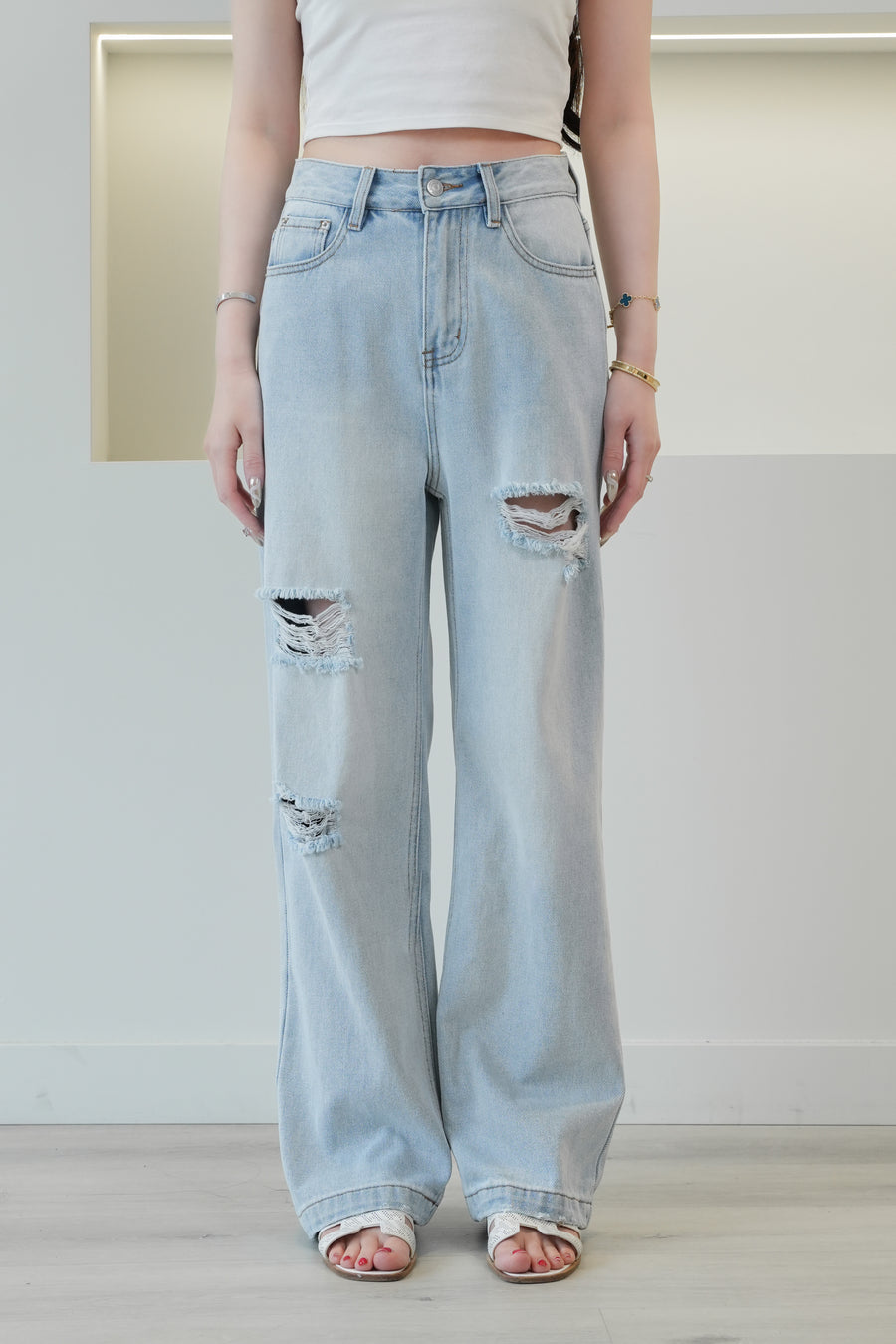 Distresses High Waist Denim Light Blue