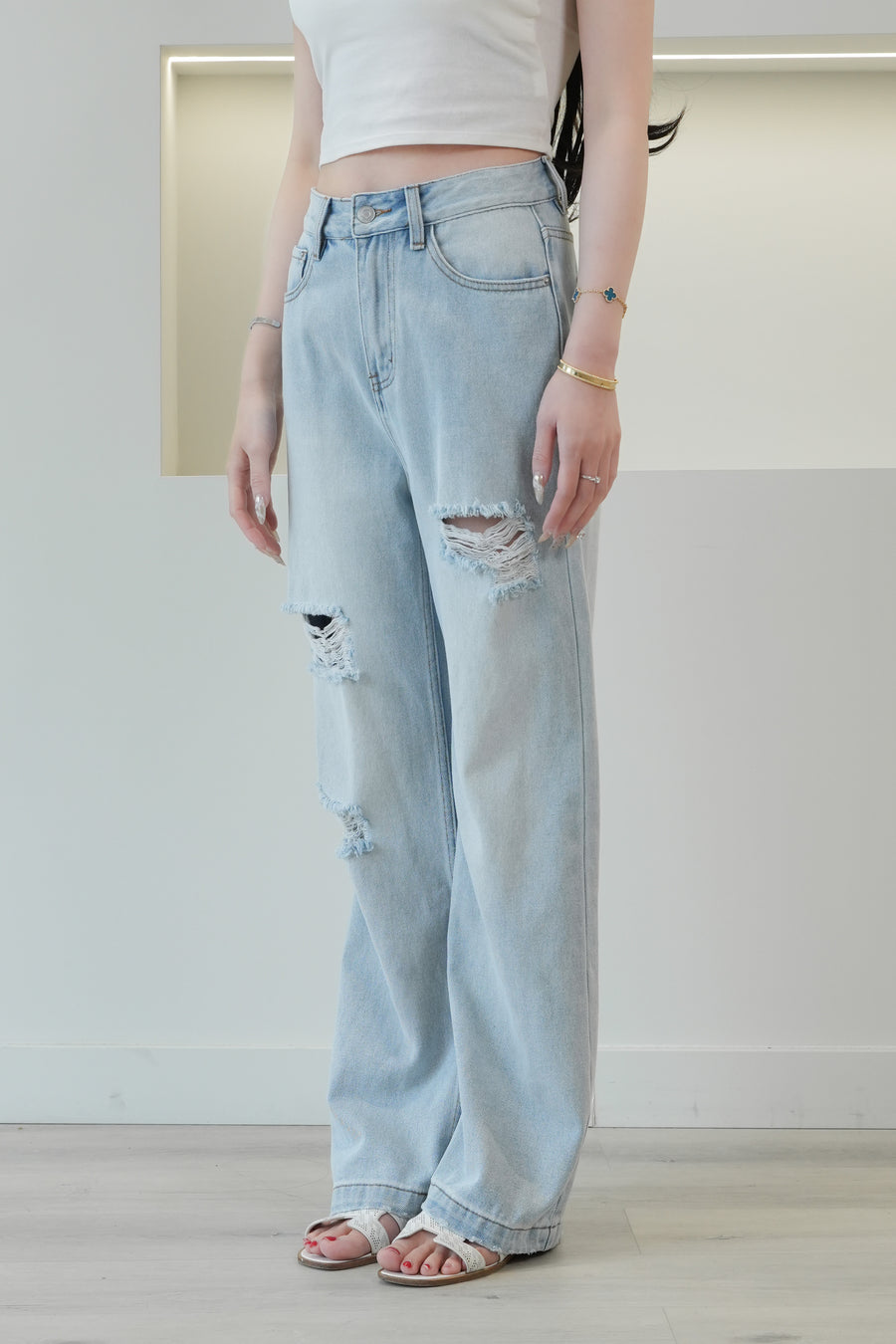 Distresses High Waist Denim Light Blue