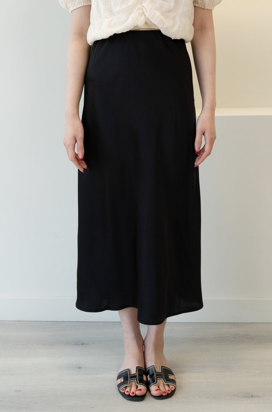 High Waist A-Line Midi Satin Skirt Black