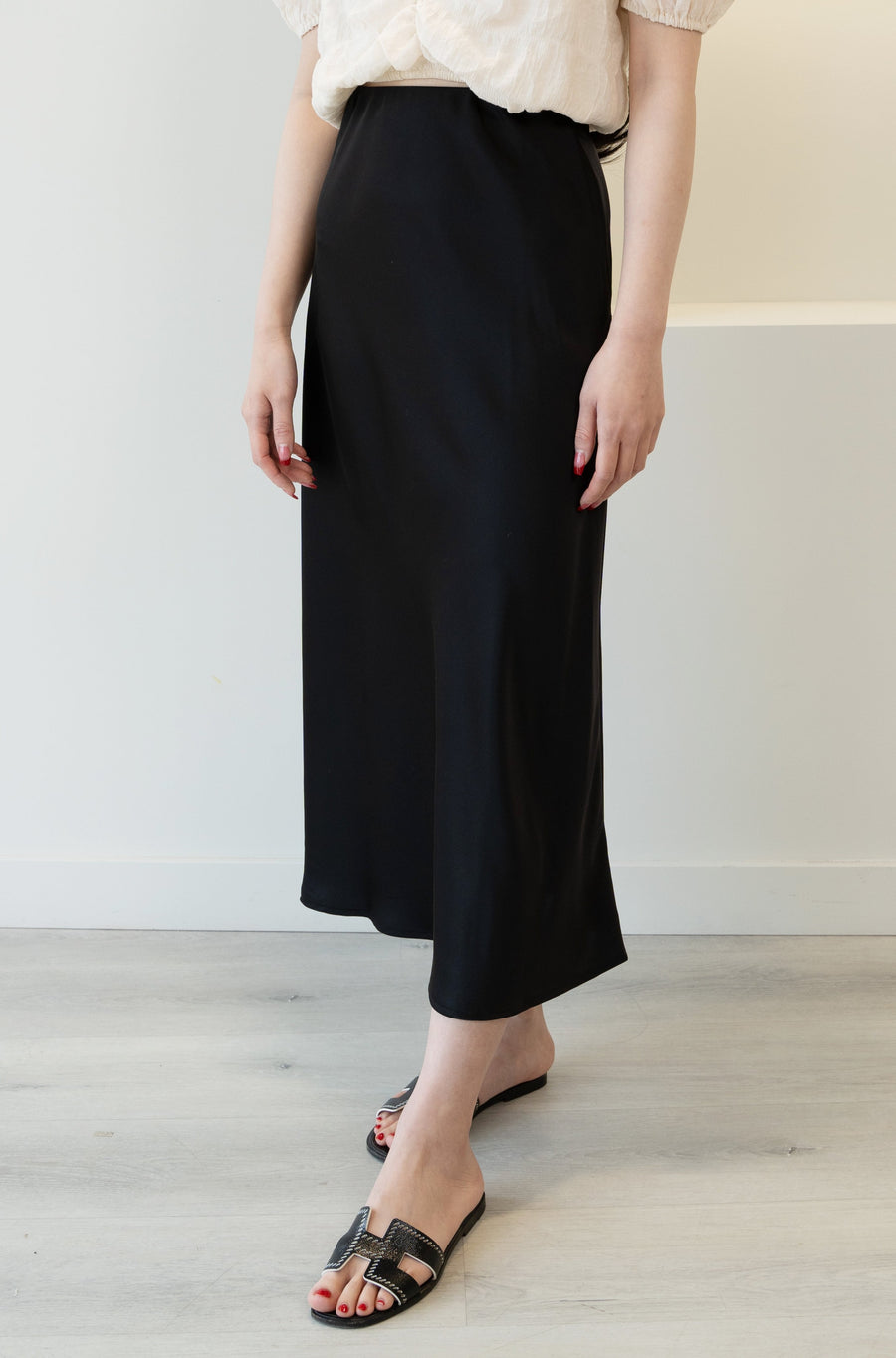 High Waist A-Line Midi Satin Skirt Black