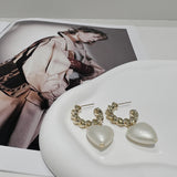 Gold Croissant Hoop Pearl Heart Earrings