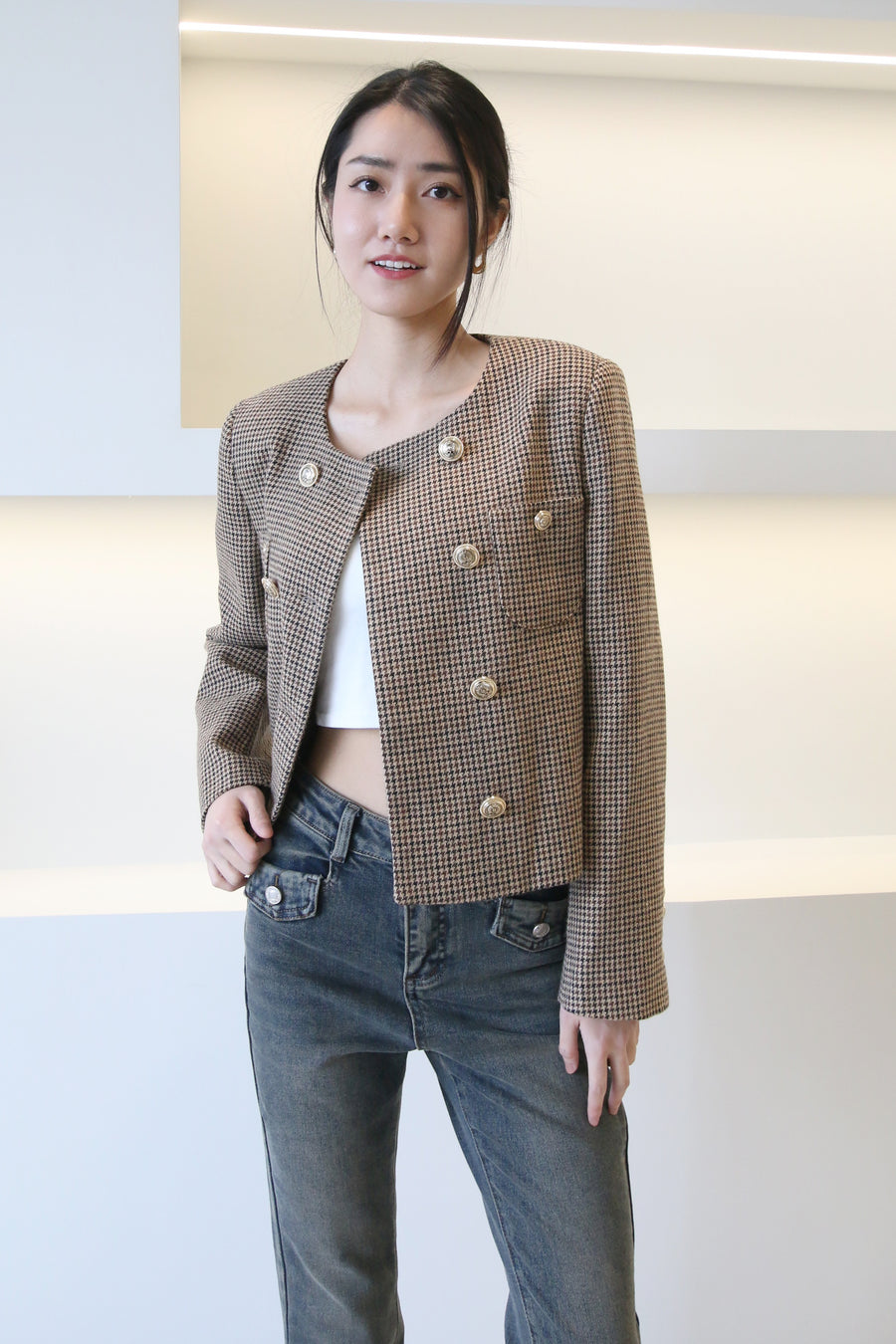 Cropped Plaid Jacket Gold Button Brown
