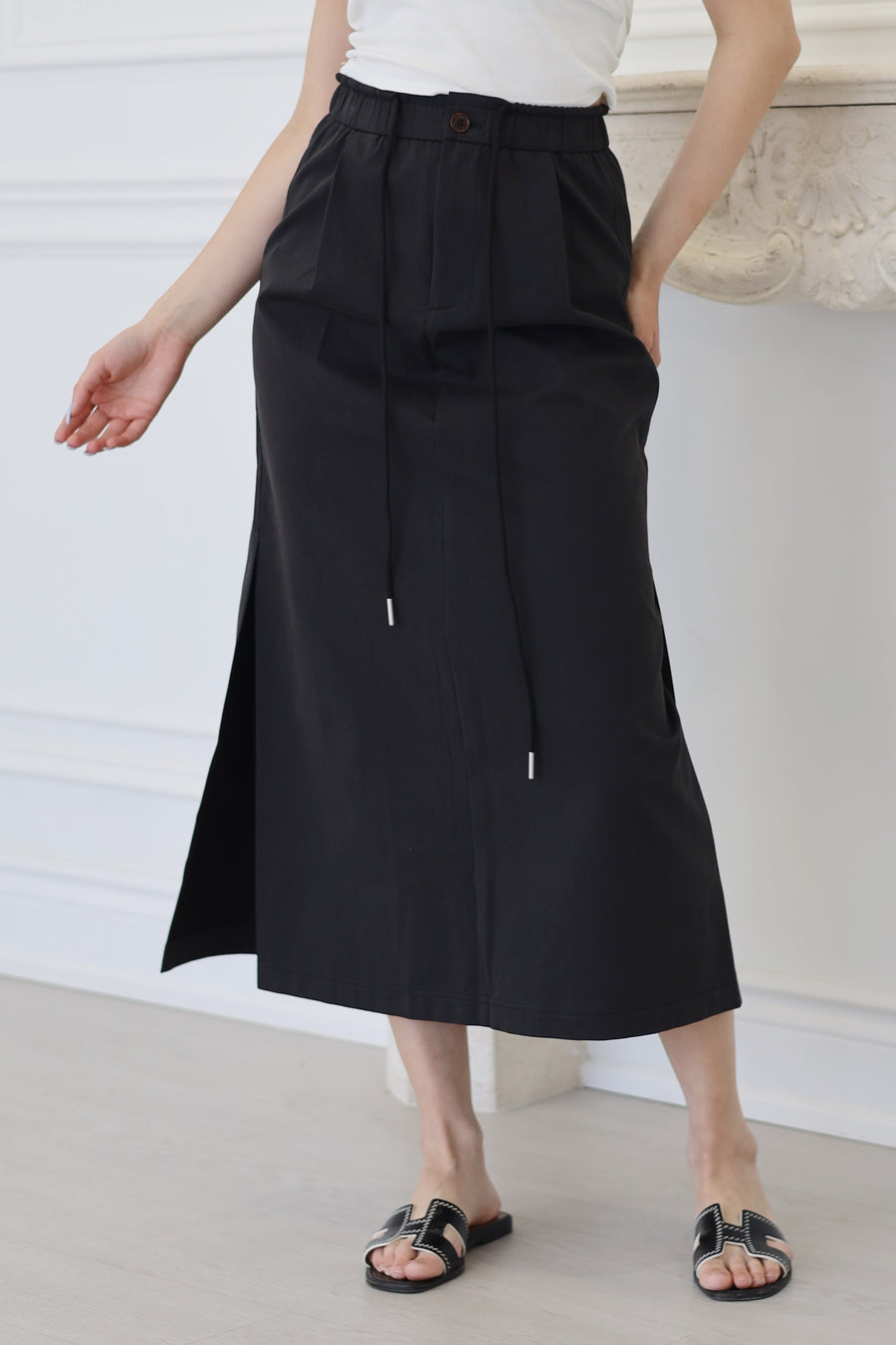 Elastic Waist Cotton Maxi Skirt Black