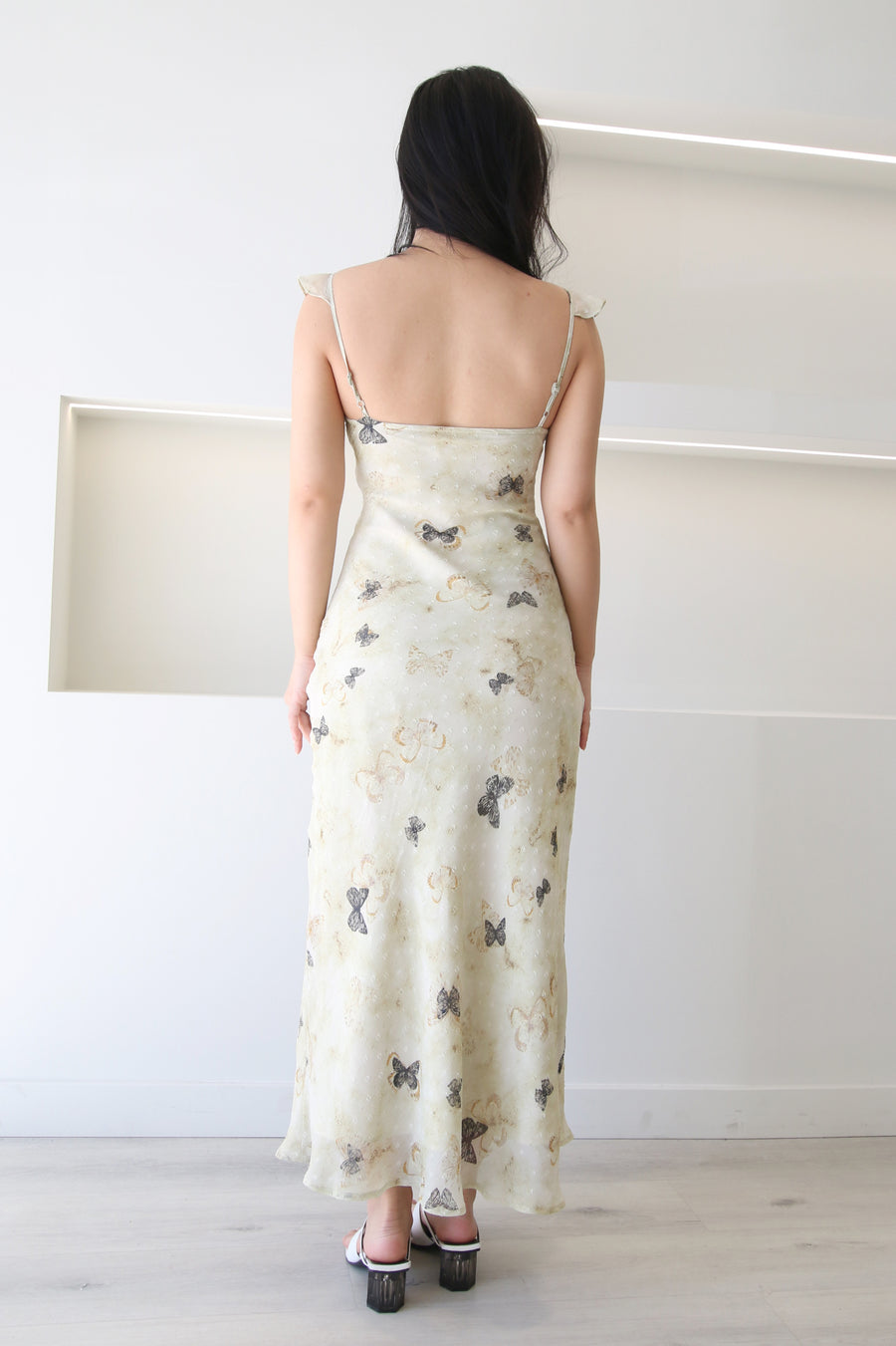 Ruffle Strap Midi Dress Butterfly Print