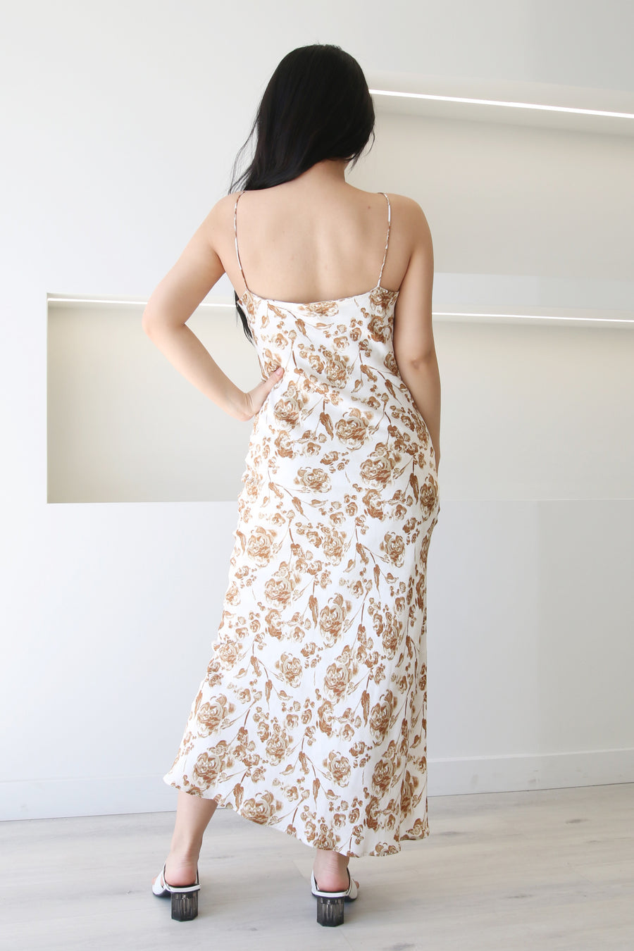 White Brown Rose Print Slip Midi Dress