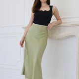 High Waist A-Line Midi Satin Skirt Avocado