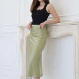 High Waist A-Line Midi Satin Skirt Avocado