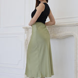 High Waist A-Line Midi Satin Skirt Avocado