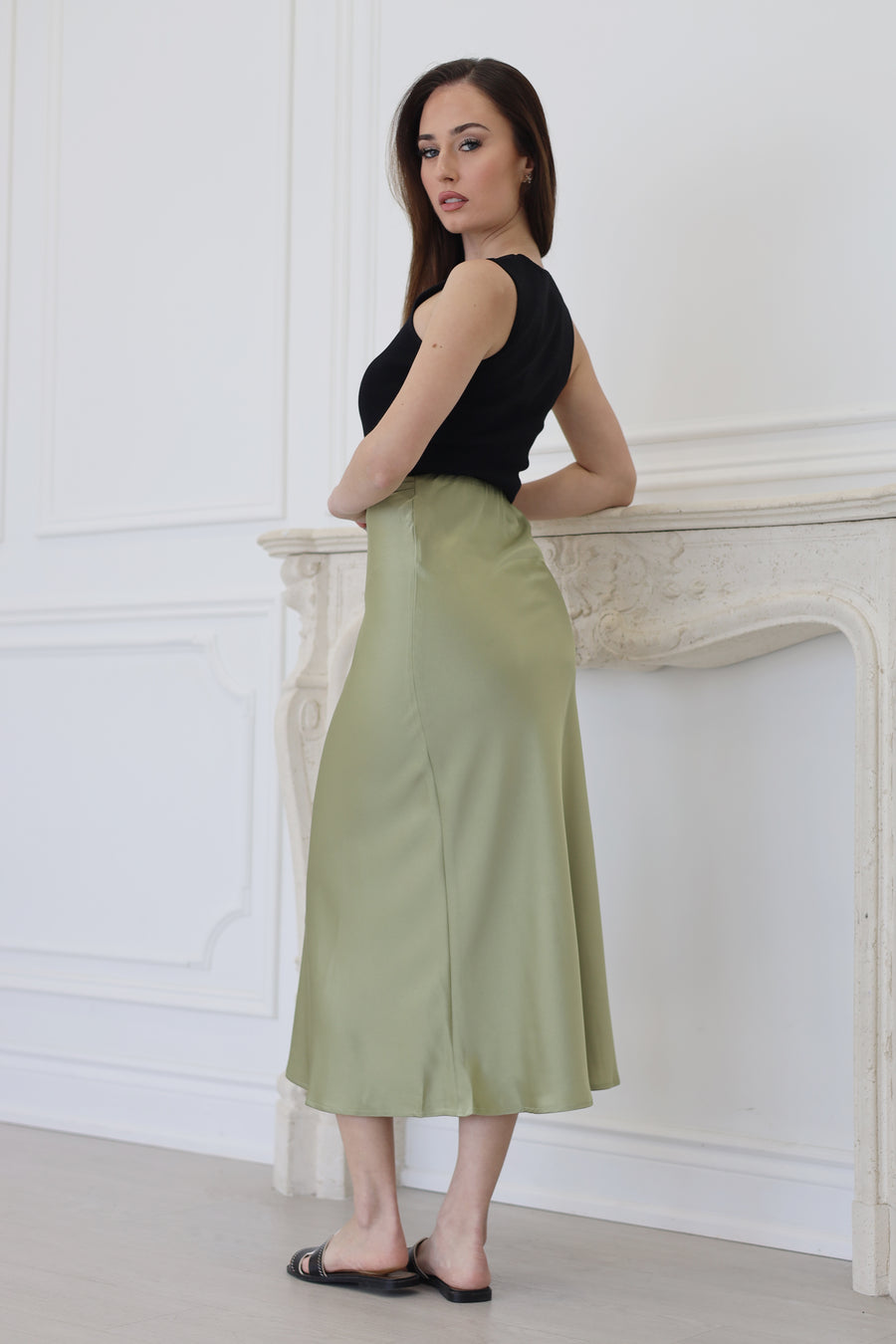 High Waist A-Line Midi Satin Skirt Avocado