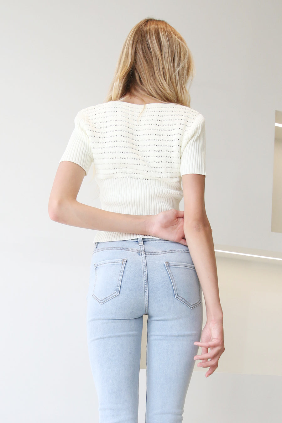 Short Sleeve Knit With Front Open Button White