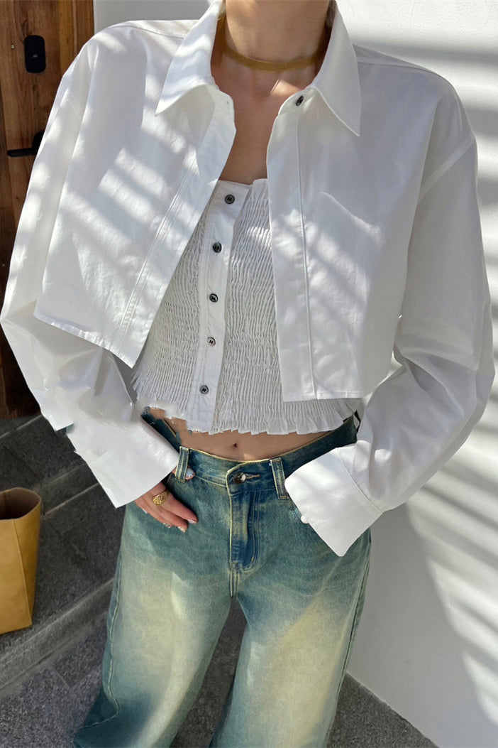 Cropped Shirt Set with Tank and Overshirt White