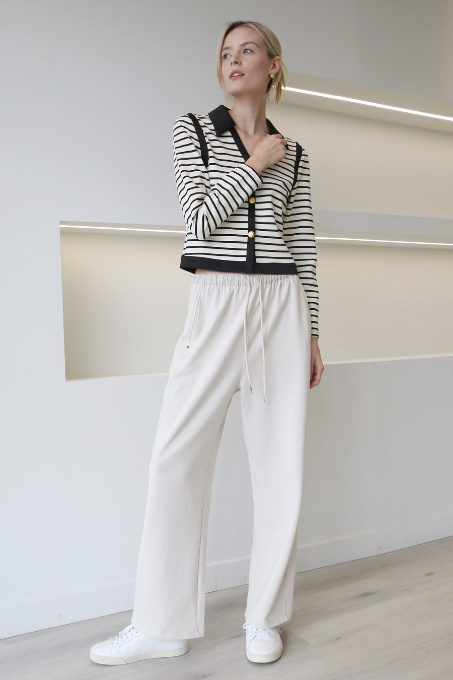 Collared Black Contrast With White Stripe Cardigan