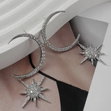 Silver Large Crescent Star Crystal Earrings