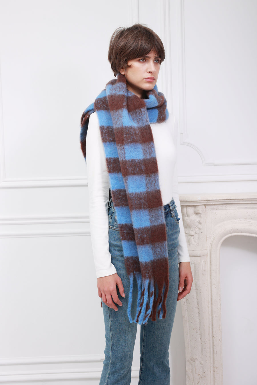 Blue Brown Checkered Wool Scarf