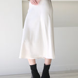 High Waist A-Line Midi Satin Skirt Ivory