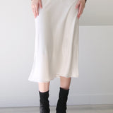 High Waist A-Line Midi Satin Skirt Ivory