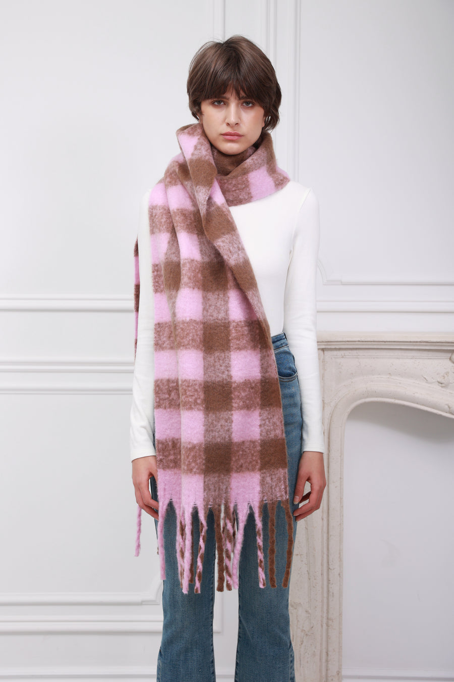 Pink Brown Checkered Wool Scarf