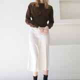 High Waist A-Line Midi Satin Skirt Ivory
