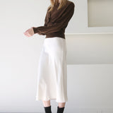 High Waist A-Line Midi Satin Skirt Ivory