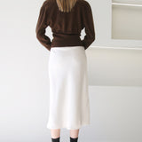 High Waist A-Line Midi Satin Skirt Ivory